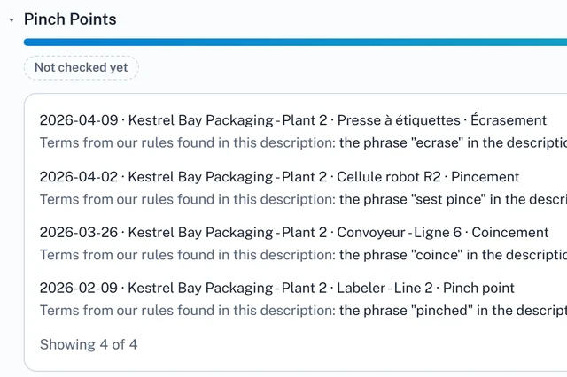 A crop of the Plumbline Safety Console with one category count opened: the category name and its number of reports, a status badge reading Not checked yet, and the four reports behind the count, each with its date, plant, line and recorded outcome and, beneath it, the rule term found in its description. Two of the reports are in French.
