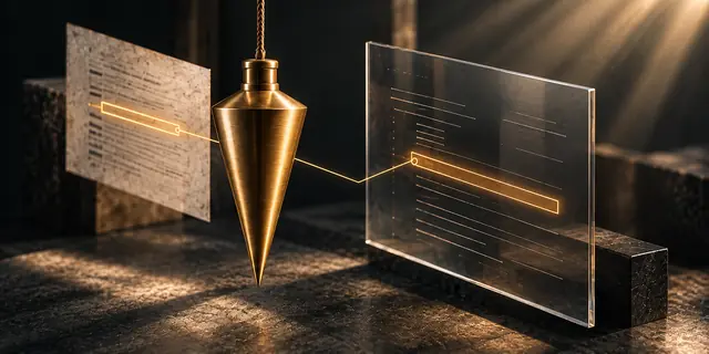 Illustration: a brass plumb bob hanging among sheets of paper and glass, with one line on each sheet picked out in light.